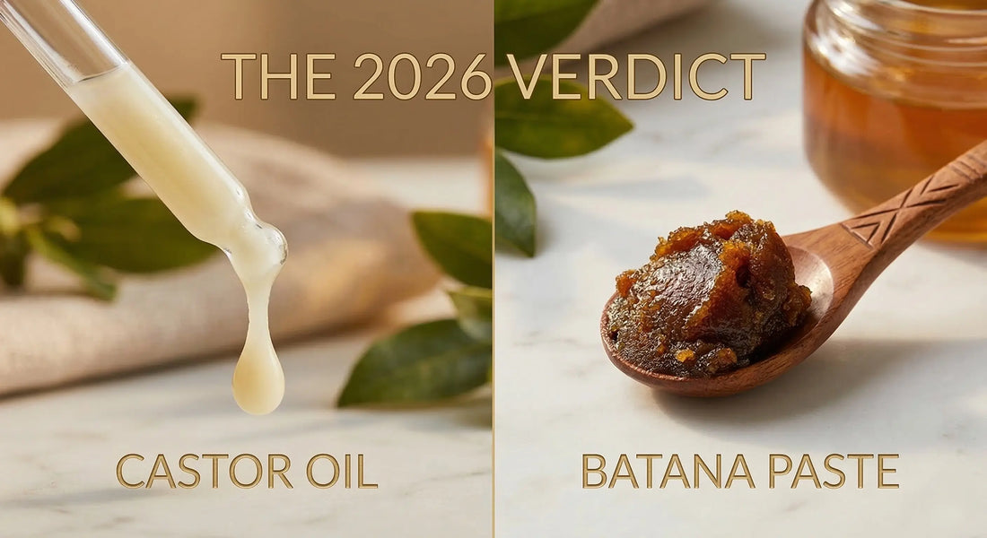 Comparison of castor oil liquid texture versus raw batana oil paste