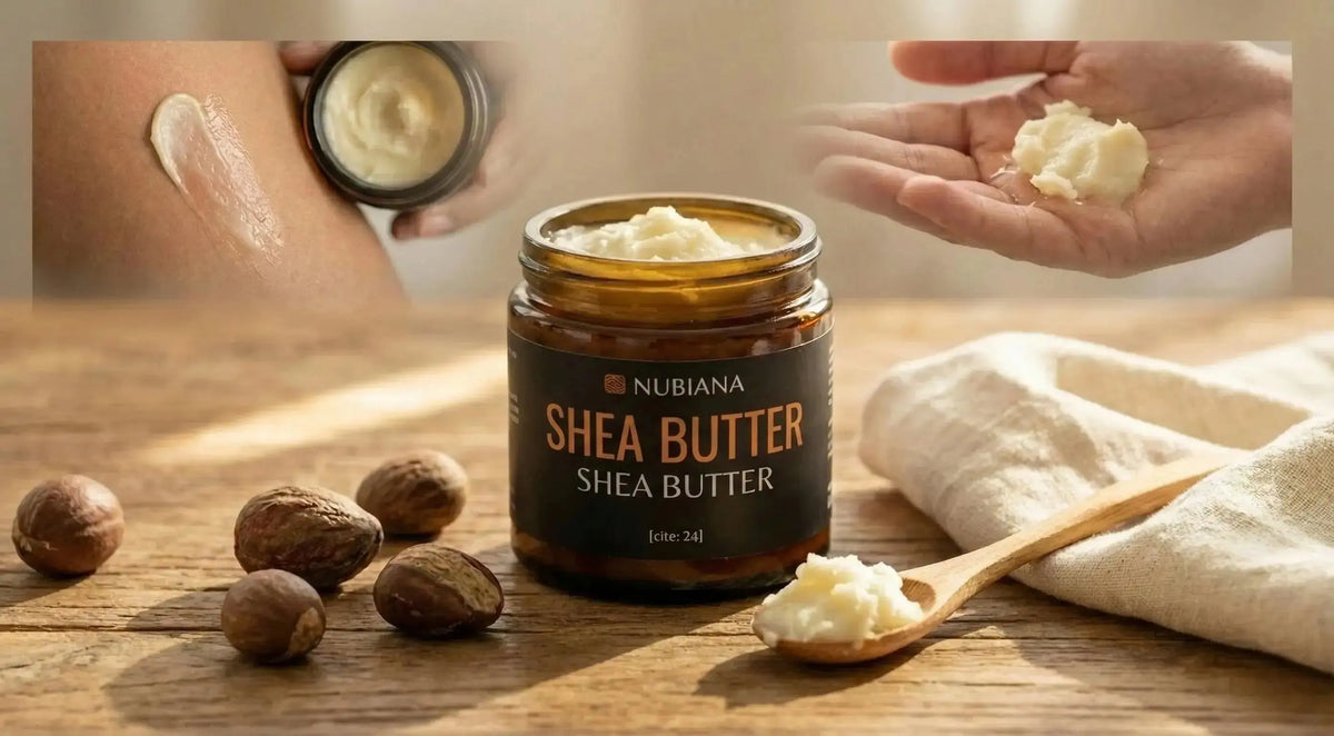 Nubiana 100% pure unrefined shea butter jar displayed on a wooden table with raw shea nuts and a wooden spoon showing the creamy texture, highlighting its natural benefits for skin and hair.