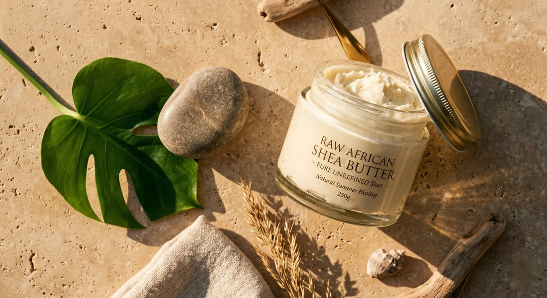 Pure unrefined African shea butter used as moisturizer for soothing summer sun damage and repairing the skin barrier