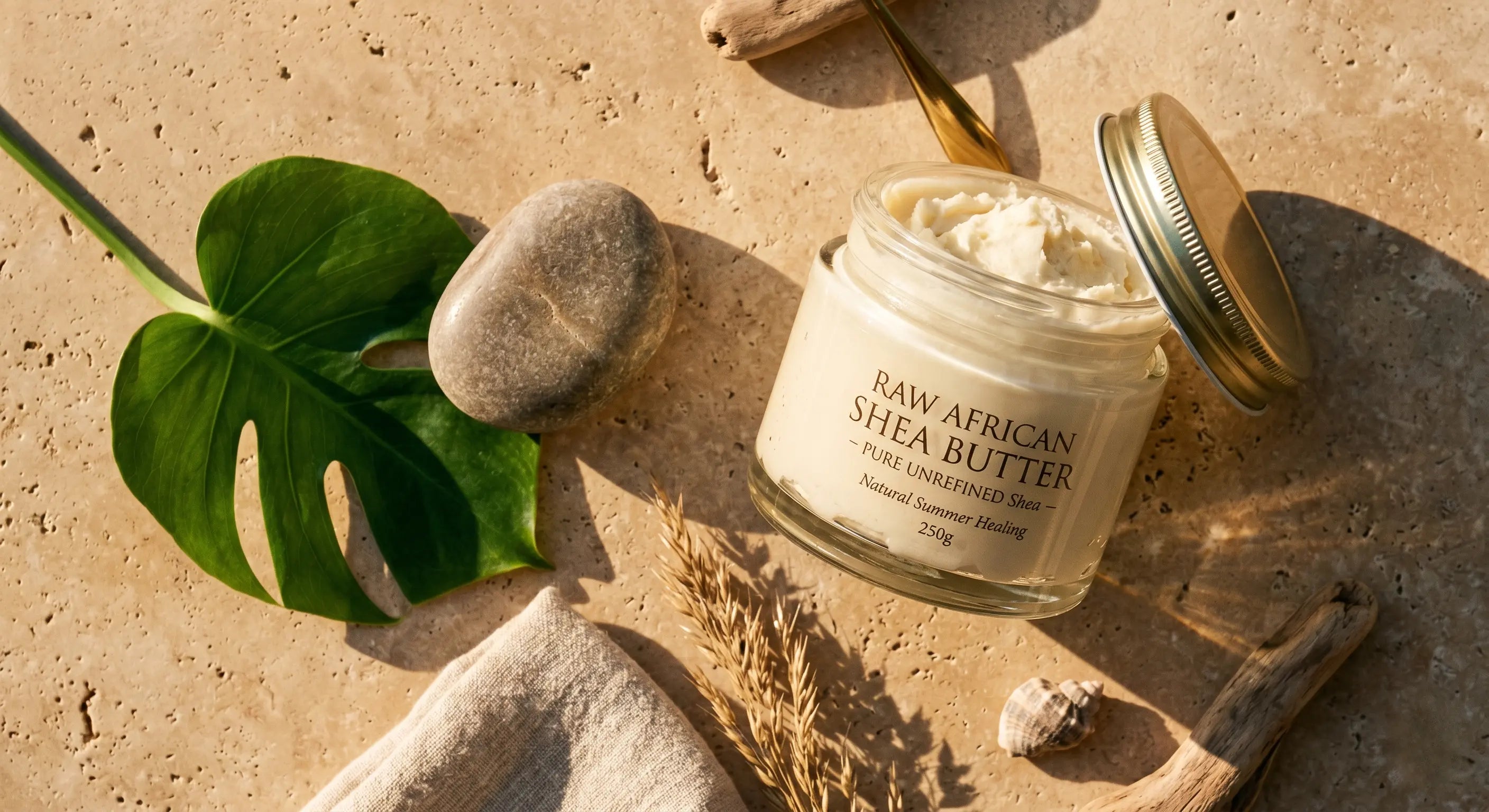 Pure unrefined African shea butter used as moisturizer for soothing summer sun damage and repairing the skin barrier