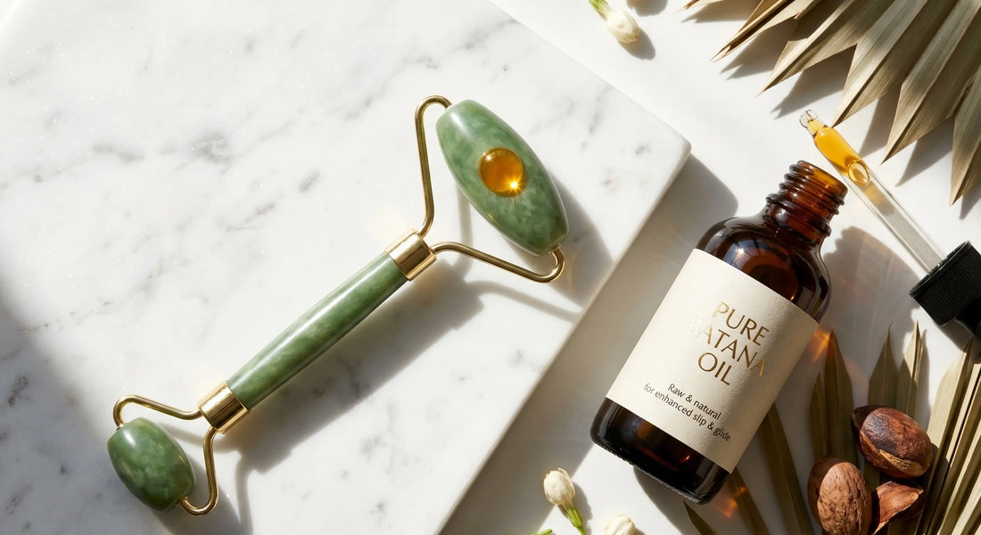 Pure batana oil used as the best facial oil for jade roller massage and lymphatic drainage