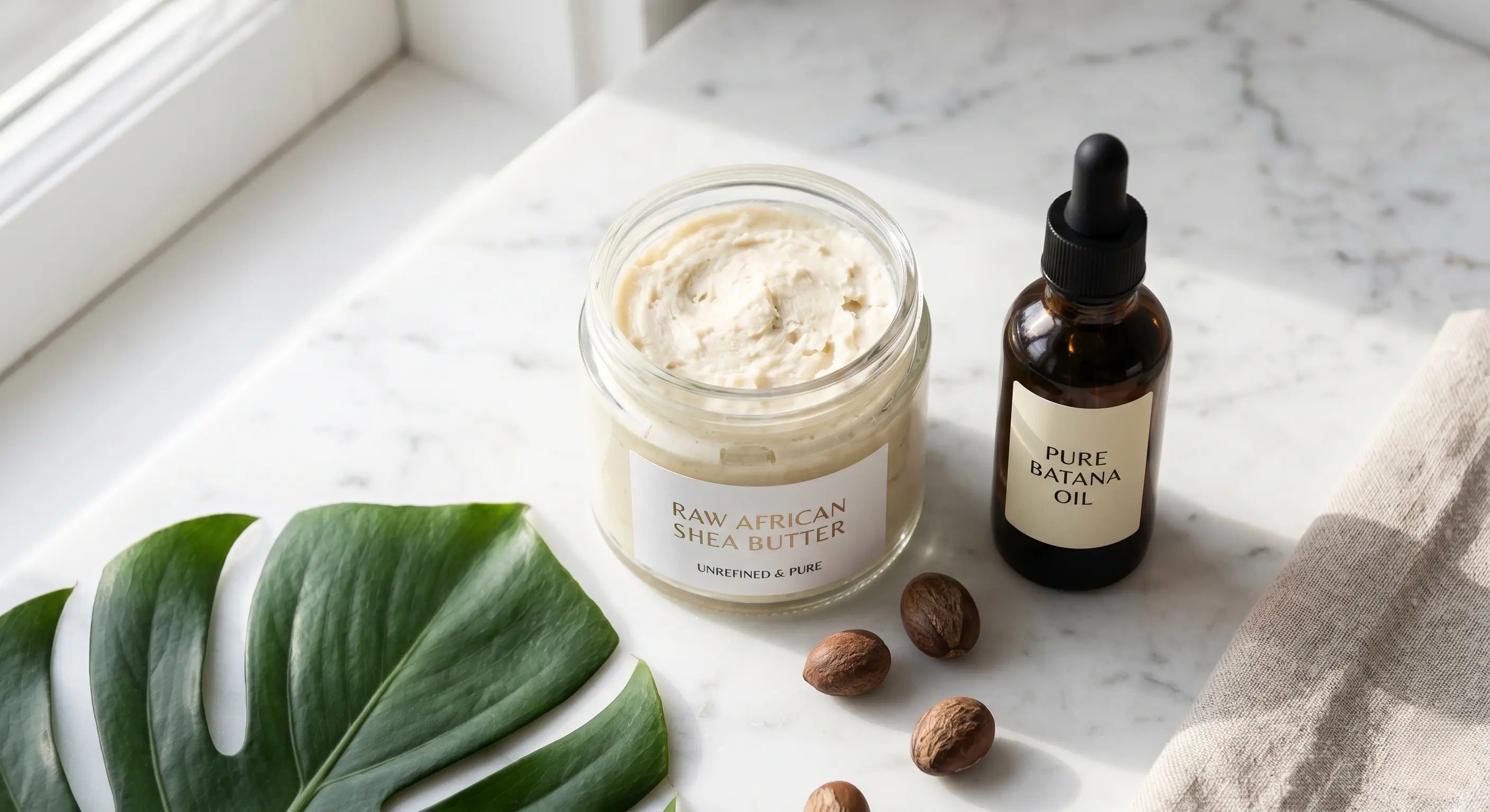 Pure unrefined African shea butter and batana oil used as a face lotion natural alternative for glowing skin