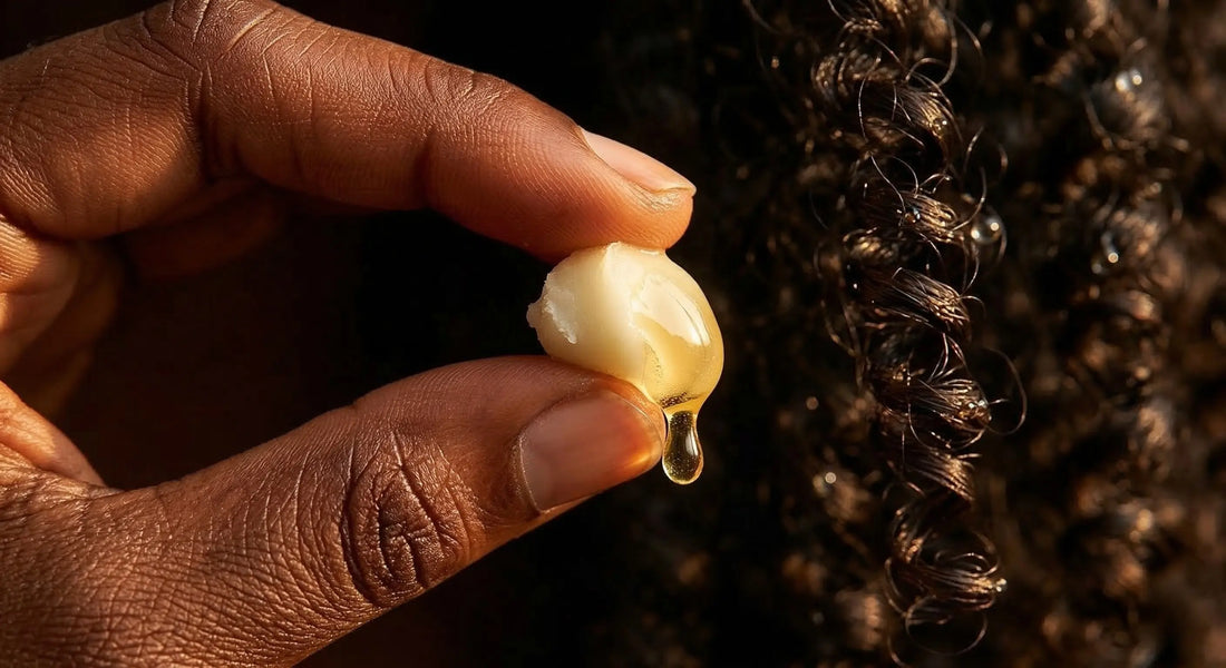 Hand melting raw unrefined shea butter into oil to apply to low porosity hair.