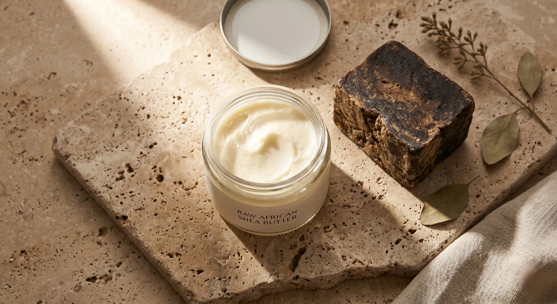 Pure unrefined African shea butter next to black soap for fading facial dark spots
