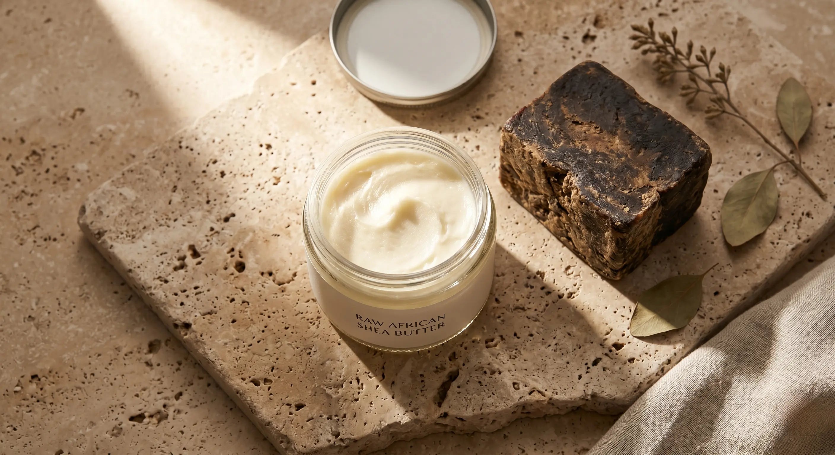 Pure unrefined African shea butter next to black soap for fading facial dark spots