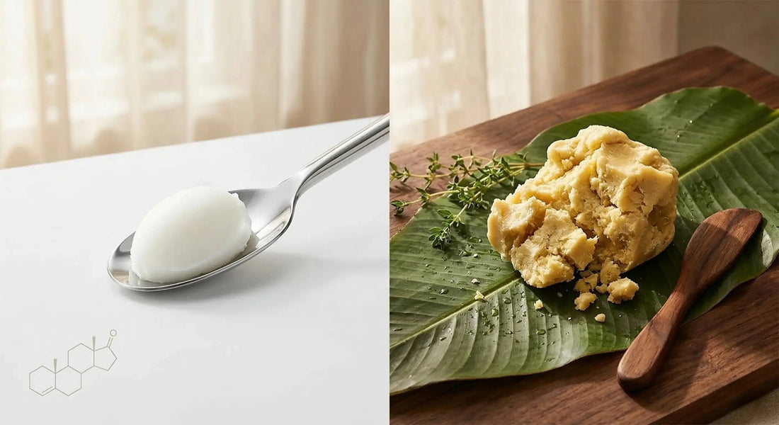 Visual comparison of white refined shea butter vs raw unrefined ivory shea butter