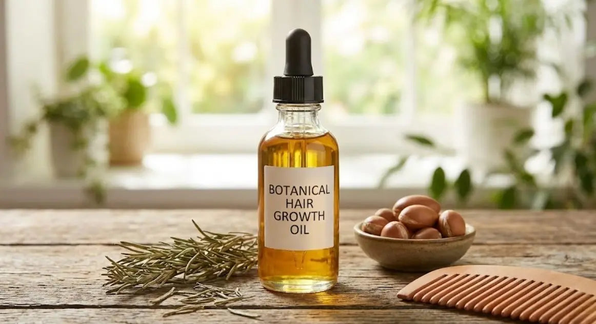 Bottles of natural hair growth oil displayed with organic ingredients like rosemary and peppermint, illustrating the best essential oils for hair regrowth and thickness.