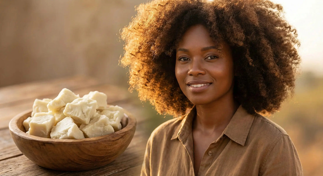 Woman with healthy natural hair nourished by raw shea butter.