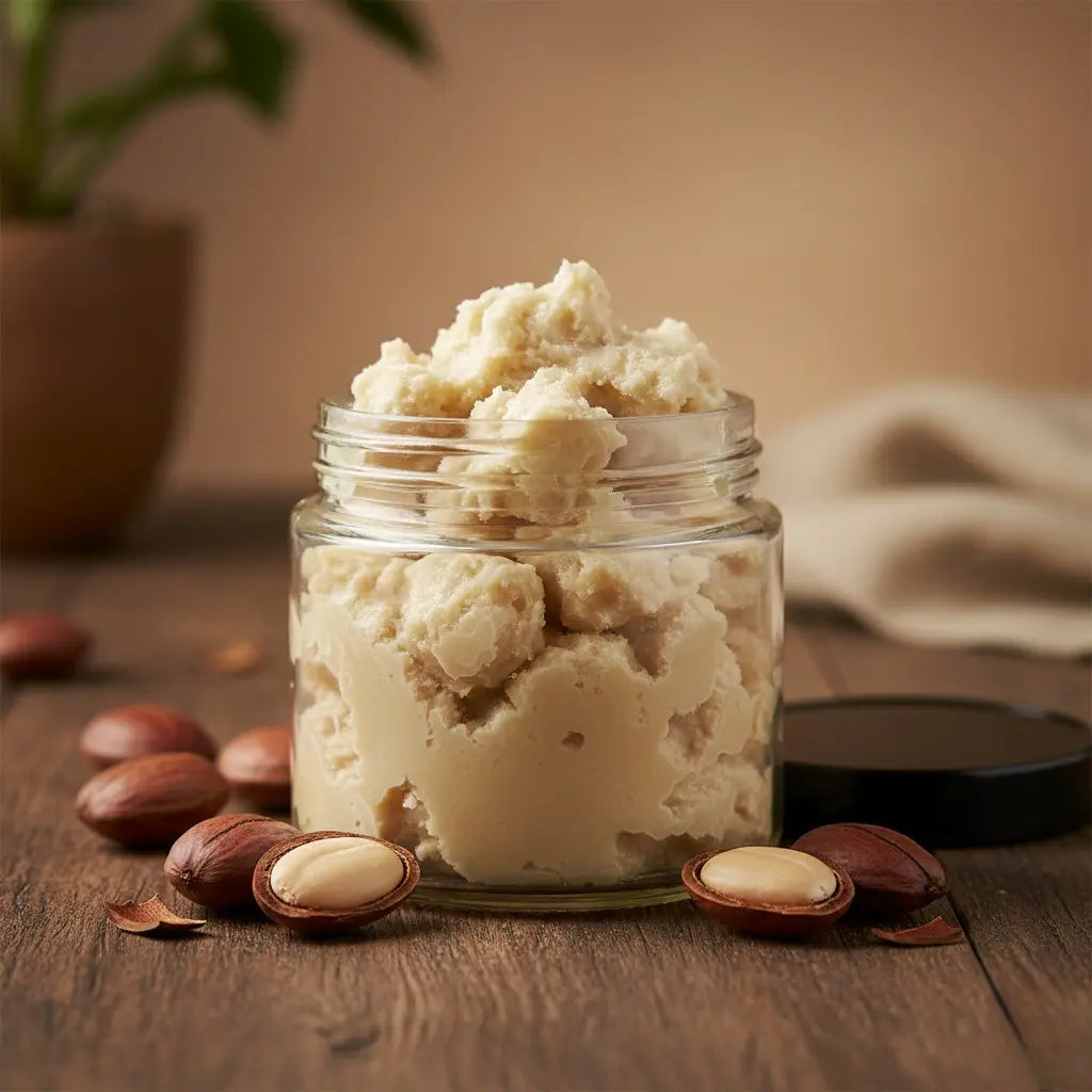 Jar of unrefined shea butter for stretch marks with raw nuts.