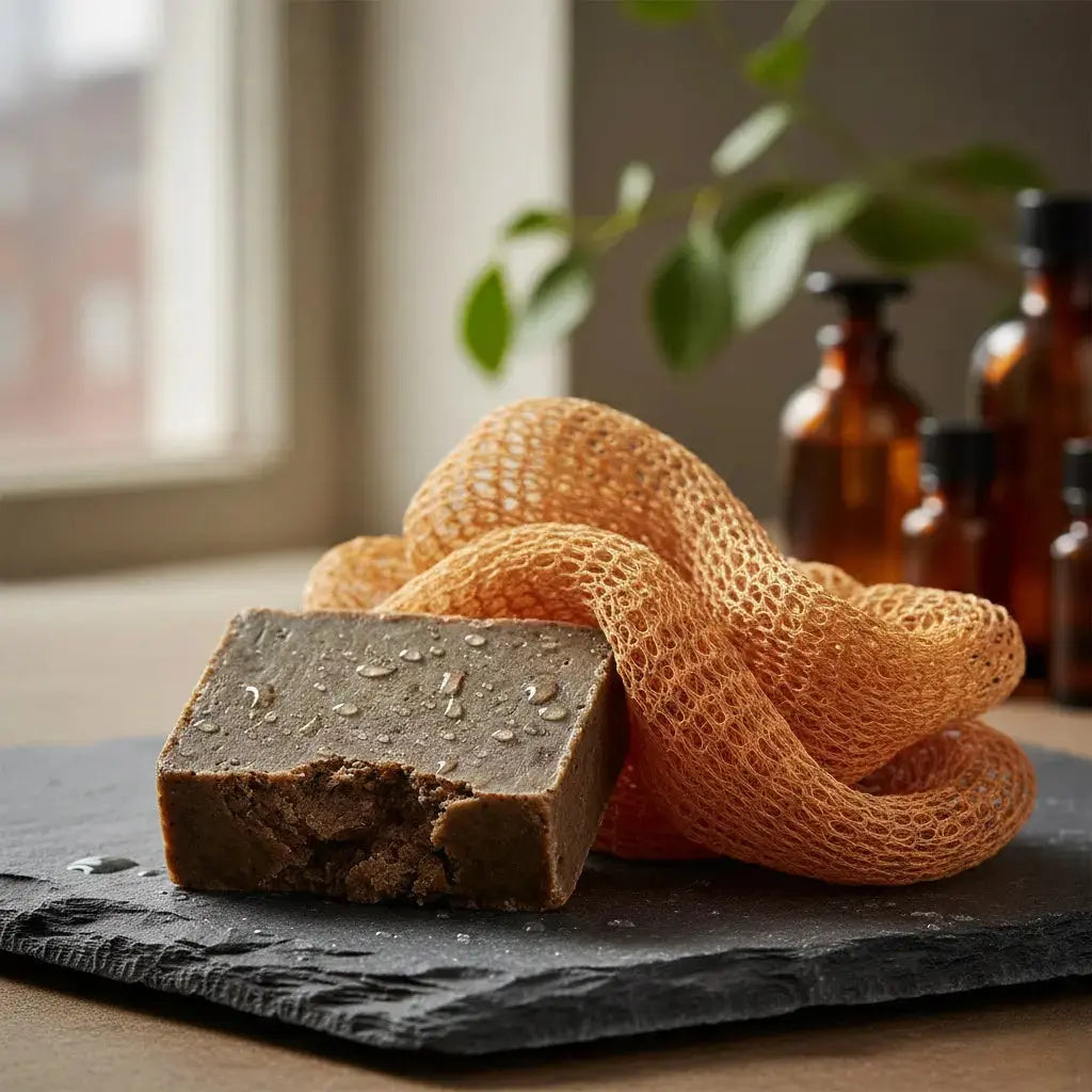 Authentic african black soap and sapo sponge for spring detox.