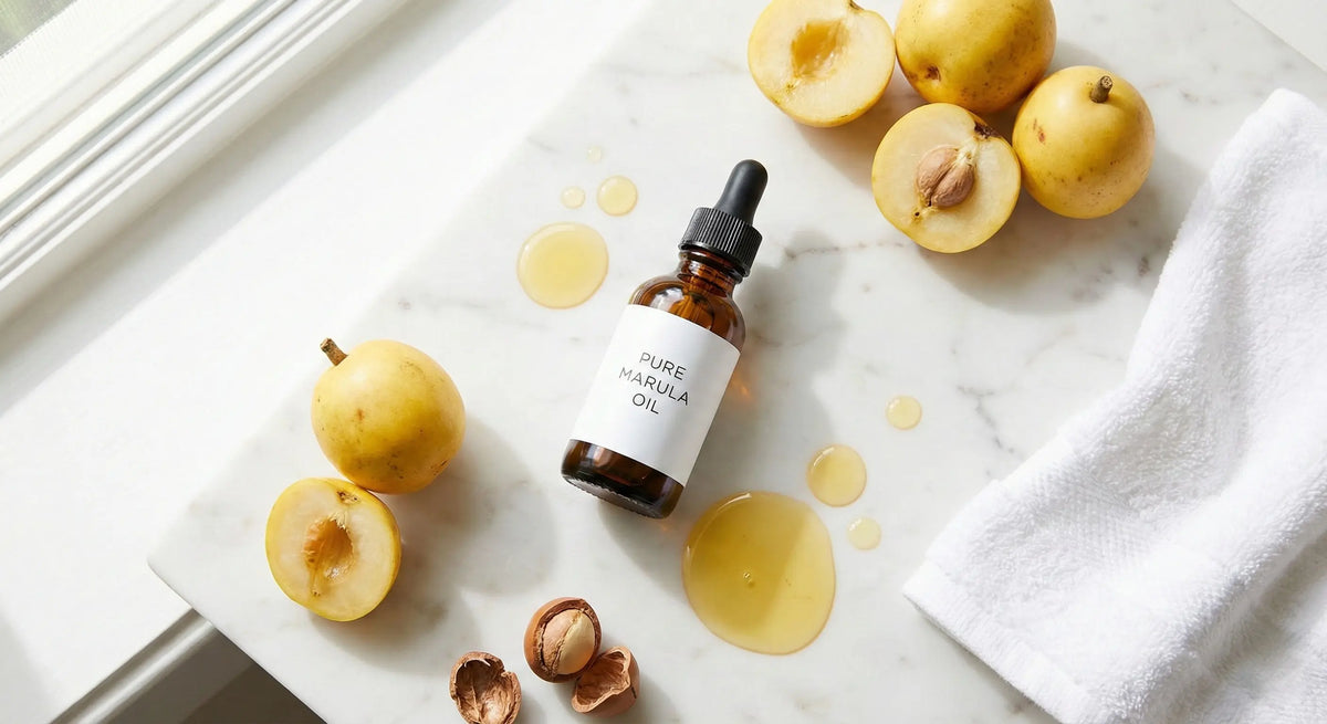 Bottle of pure marula oil for face routine with fresh ingredients on a white table.