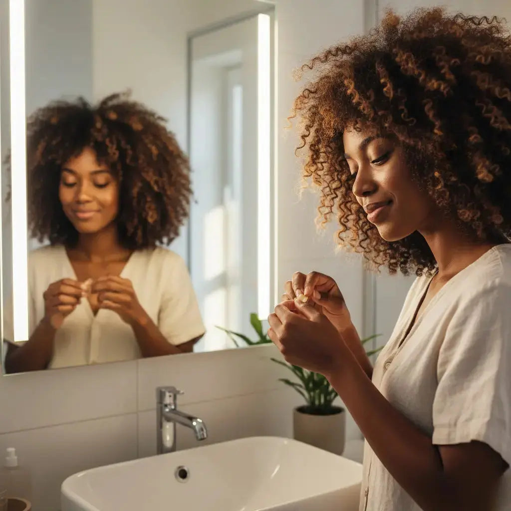 Woman applying raw shea butter to curly hair ends as part of daily morning routine.