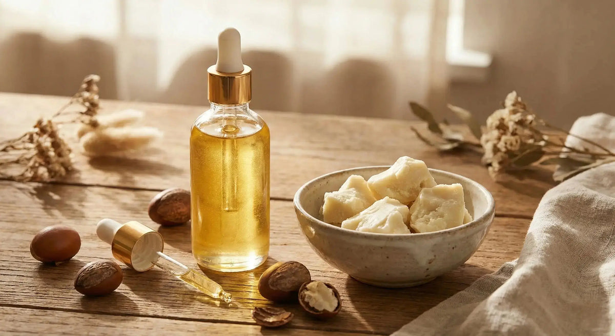 Bottle of golden shea butter body oil next to raw shea nuts and batana oil on a wooden table.
