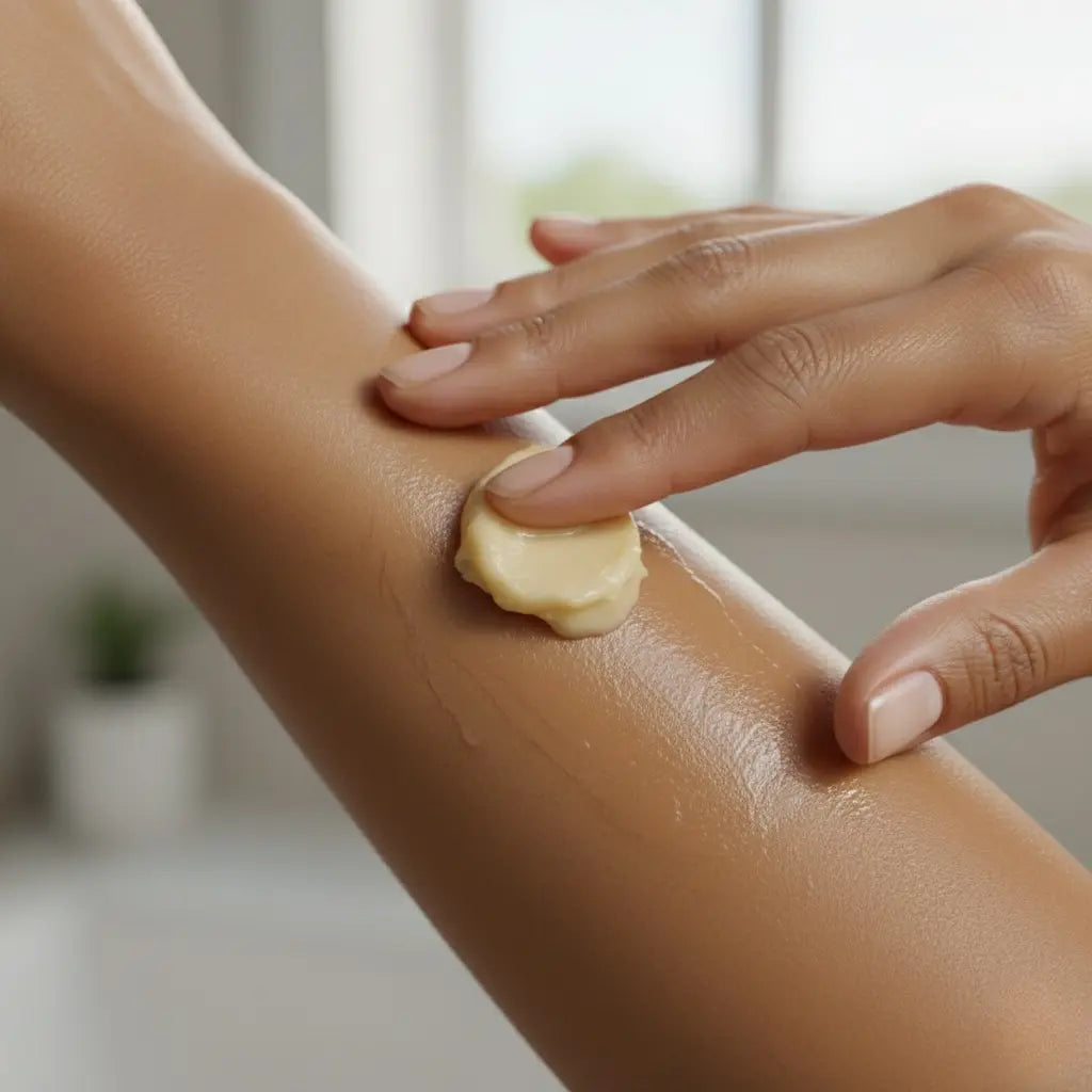 applying Nubiana shea Butter on on skin raw skin