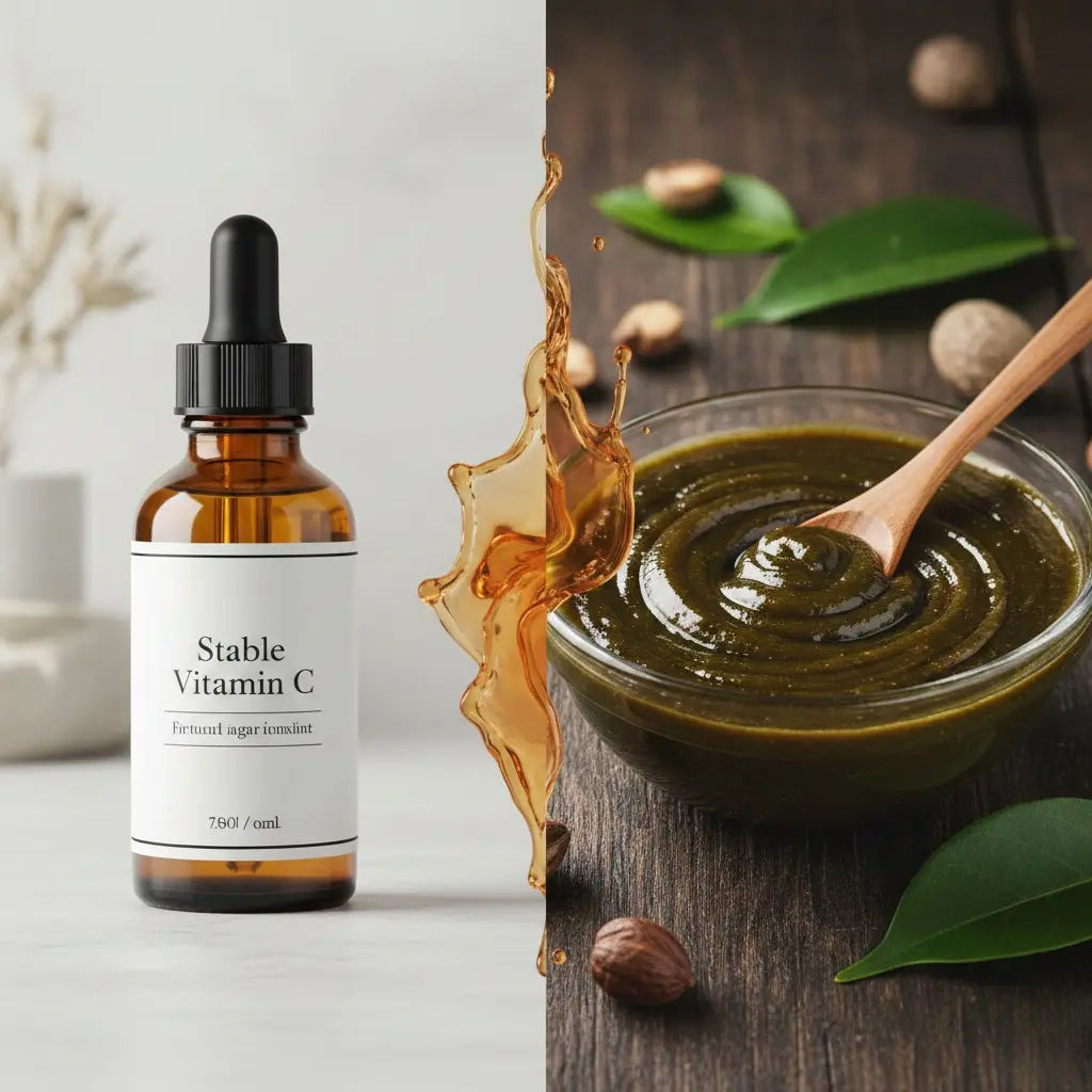 Stable Vitamin C serum mixed with raw Batana oil for hyperpigmentation treatment.