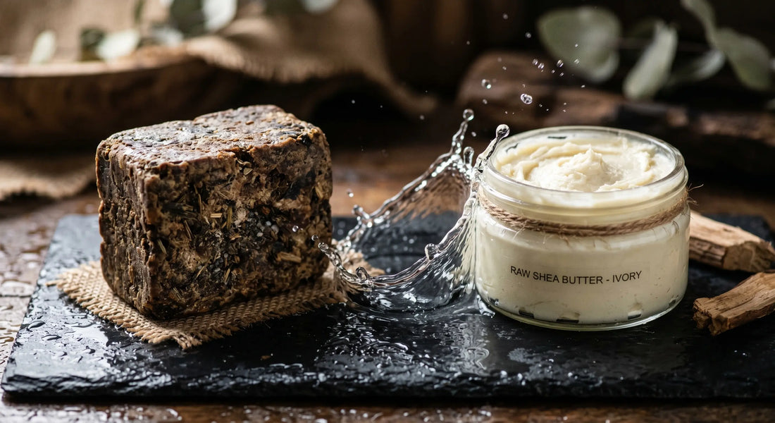 Traditional african black soap and raw shea butter used as an alternative to commercial body lotions.