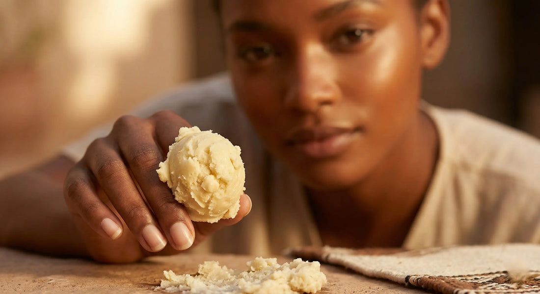 Woman applying raw unrefined shea butter to heal dark spots and hyperpigmentation naturally