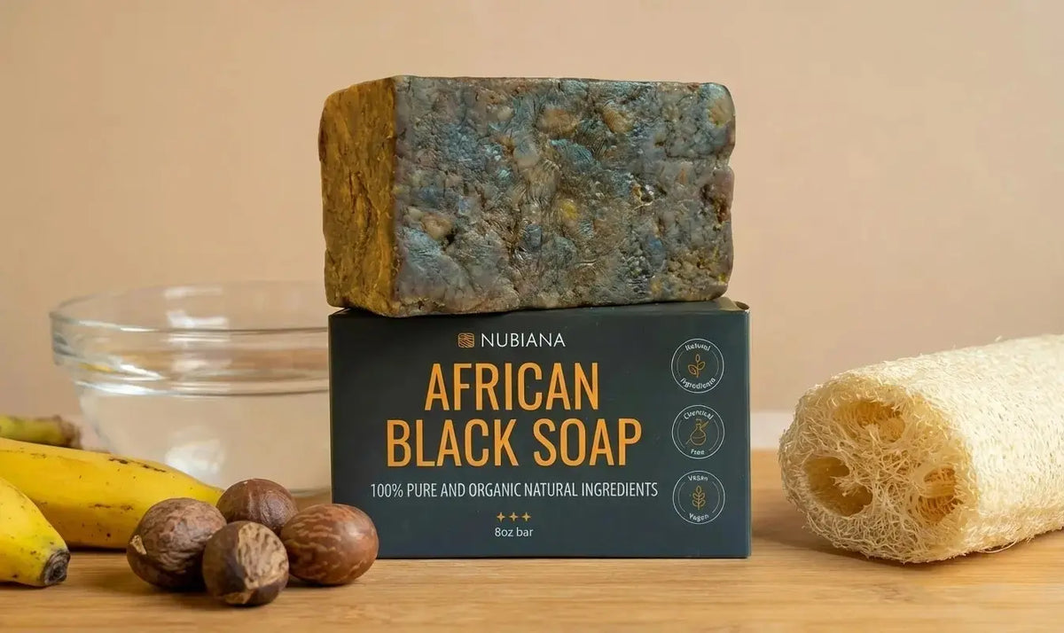 Nubiana deep cleansing African black soap bar on packaging.