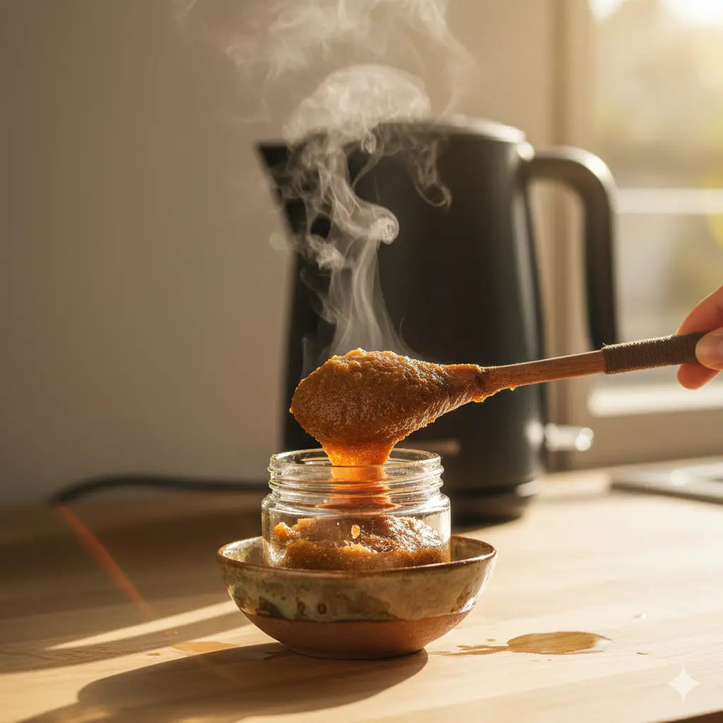 Preparing raw batana oil for hair application by melting it.