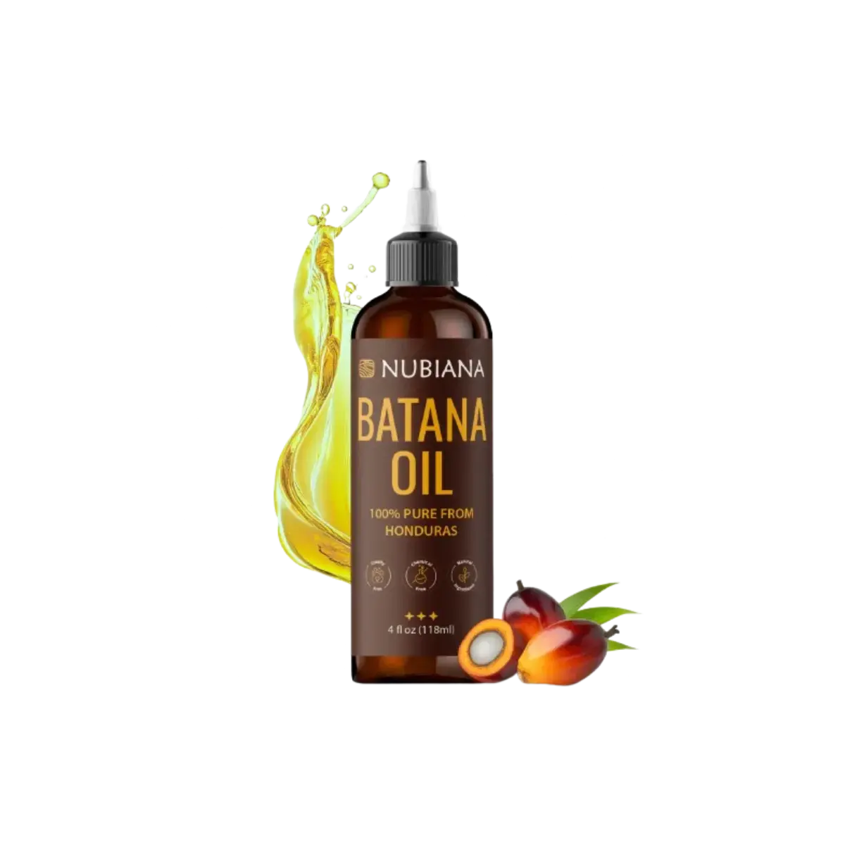 A bottle of Pure Batana Oil next to a bowl of the oil, with tropical leaves in the background, representing natural hair growth.