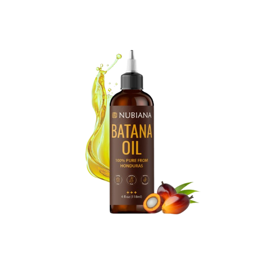 A bottle of Pure Batana Oil next to a bowl of the oil, with tropical leaves in the background, representing natural hair growth.