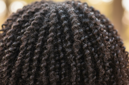 A close-up of shiny, coily natural hair, showing the light-reflecting shine from using Batana oil.
