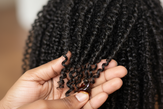 A close-up of an adult's healthy 4C hair, showing how to apply pure Batana oil to seal ends and stop breakage.