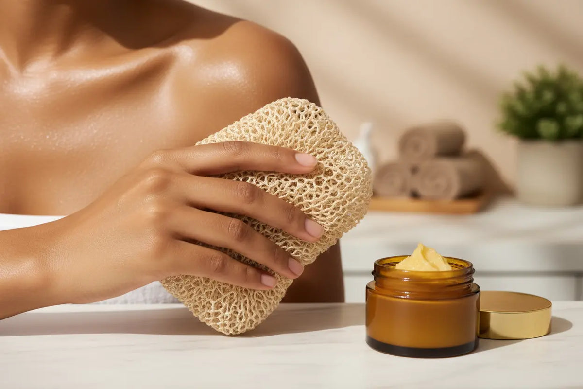 A 2-step routine with an African Net Sponge and shea butter to fix dull skin and get a natural glow.