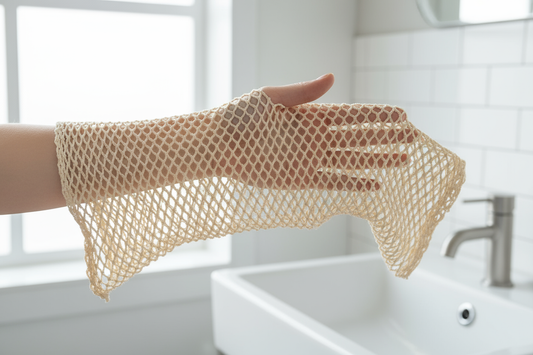 A person holding a long, stretched-out African Net Sponge, showing its exfoliating texture and full length.