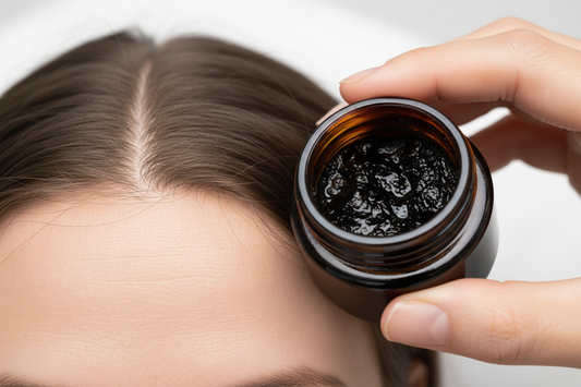 A clean, "clinical-style" close-up of an adult's scalp at the part line. The scalp looks clean, healthy, and hydrated (not flaky or greasy). A hand is nearby, holding the open jar of dark Batana oil.