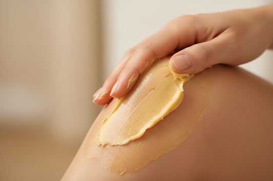 An adult applying 100% pure shea butter to a psoriasis plaque on their elbow to soothe itchiness.