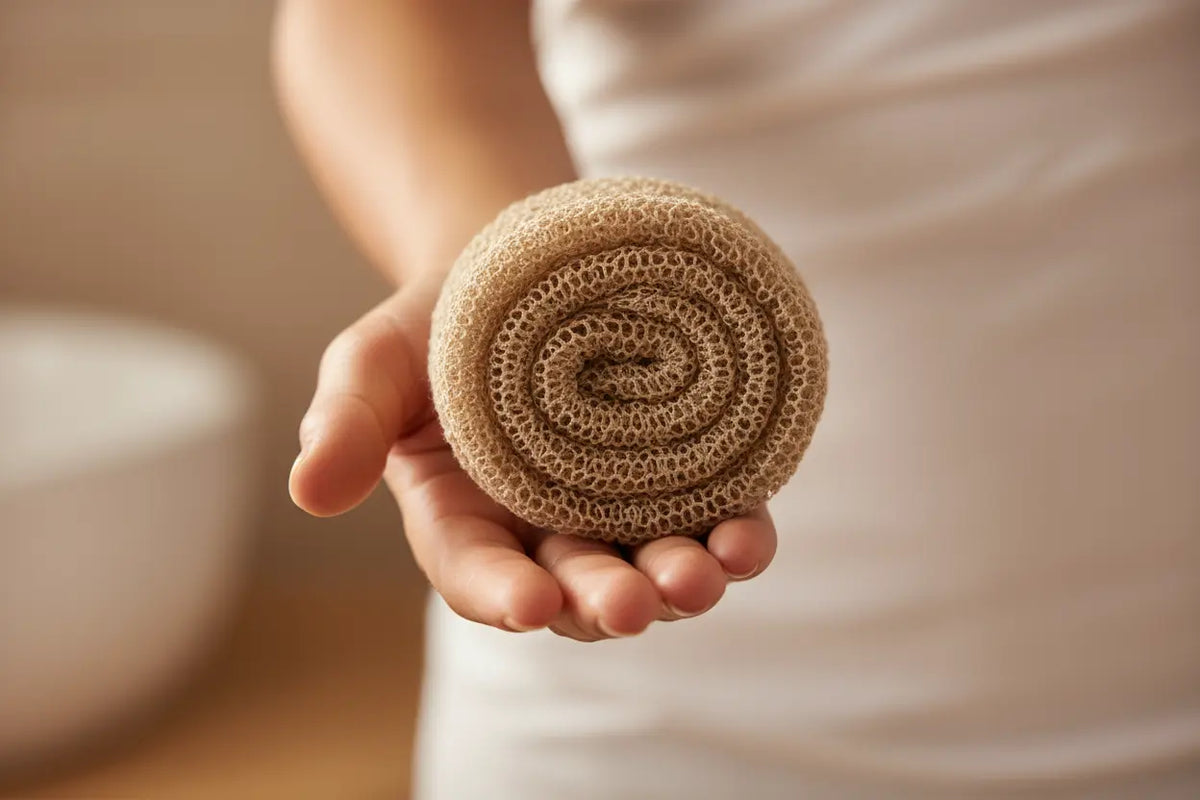 An adult holding an African Net Sponge, showing it as the key to preventing painful ingrown hairs.