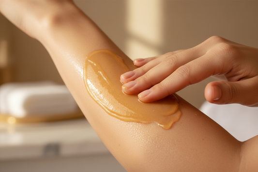 An adult applying 100% pure unrefined shea butter to their body's skin to heal dryness and get a natural glow.
