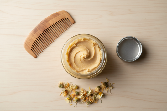 A jar of unrefined shea butter surrounded by items, showcasing its versatile uses for hair, face, and body.