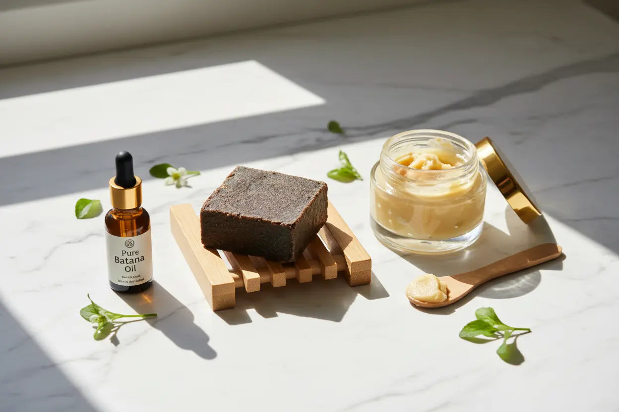 An authentic african black soap face routine displayed with raw shea butter for clearing summer acne