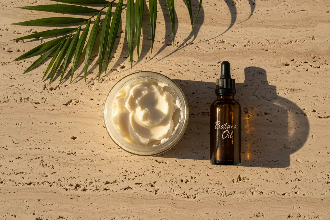Pure unrefined African shea butter and raw batana oil displayed as a natural face lotion moisturizer alternative