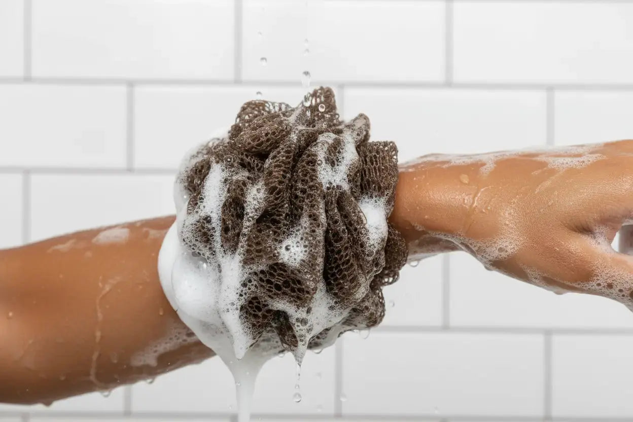 An adult using the African Net Sponge in the shower to get a deep, exfoliating, and hygienic clean.