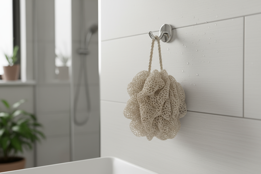 A beige African Net Sponge hanging to dry in a shower, demonstrating its hygienic, quick-drying benefit.