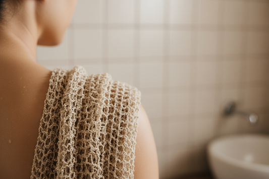 An African Net Sponge draped over a person's shoulder, representing a solution for body acne and bacne.