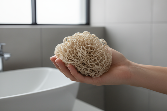 A hand holding a high-quality, soft-looking African Net Sponge, debunking the myth that it is too harsh for skin.  Blog Post Content