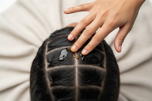 An adult massaging pure Batana oil into their scalp and hair, prepping it for a protective style like braids.
