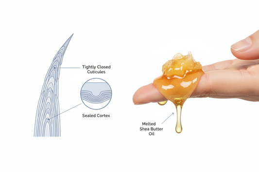 A diagram of a low porosity hair strand, showing how to use melted shea butter to moisturize it.