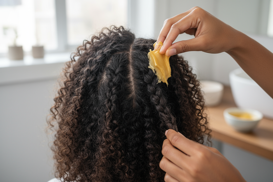 An adult with natural hair, applying unrefined shea butter as a "pre-poo" treatment before shampooing to prevent breakage.
