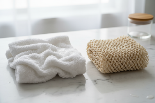 A side-by-side comparison showing a hygienic African Net Sponge next to an unhygienic, damp washcloth.