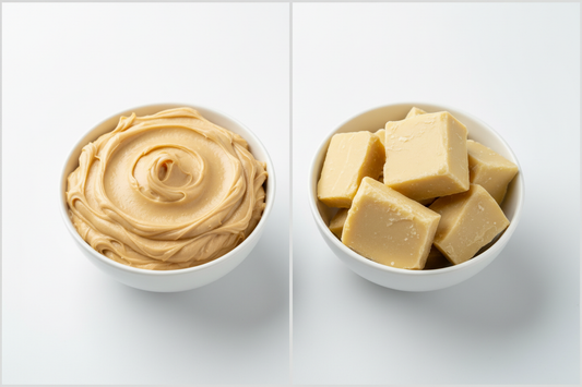 A comparison of unrefined shea butter (golden) and cocoa butter (pale) to show the difference for healing body skin.