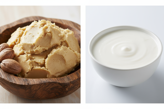 comparison showing the natural, golden color of unrefined shea butter next to the stark, white color of refined shea butter