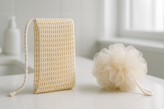 A direct comparison showing a clean African Net Sponge next to a traditional, unhygienic loofah
