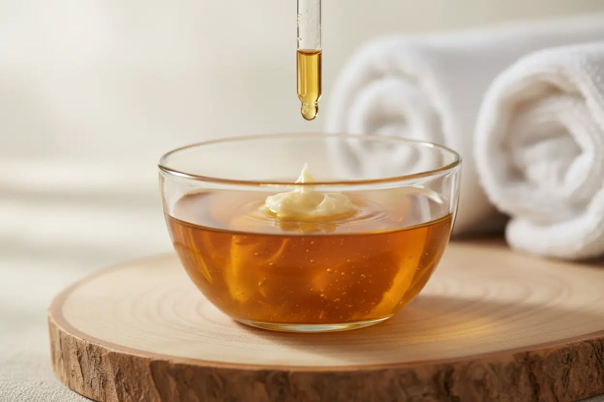 A bowl of warm, melted Batana oil and shea butter, ready for a DIY hot oil treatment for dry hair.