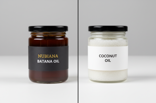 A side-by-side comparison of dark, unrefined Batana Oil and white Coconut Oil for natural hair.