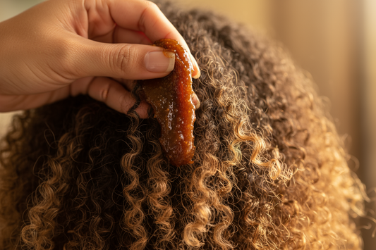 An adult applying 100% pure Batana oil to the dry, straight ends of their heat-damaged hair as a restorative treatment.